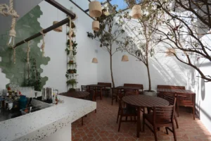 Área externa da Casa Rios no Tatuapé com mesas de madeira, árvores internas, luminárias de palha e bar com acabamento em terrazzo.